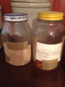 Vodka and Harvey's Scotch, labelled so by my father, who did not drink.