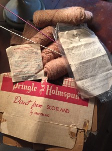 Skeins from Mom's knitting phase, which apparently was short-lived. (See below for half-finished product). But you gotta love that wool! Receipt dated Feb. 2, 1957.  