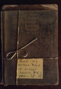 A crumpled stack tied in gold, Spenser's Faerie Queene among them. Mom's note reads, "Books my mother read in school. Salem, VA, 1910-1915."